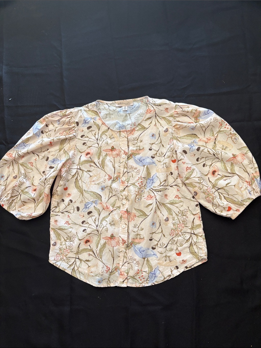 Philosophy Cream Floral Button-Front Blouse with Blue & Pink Accents